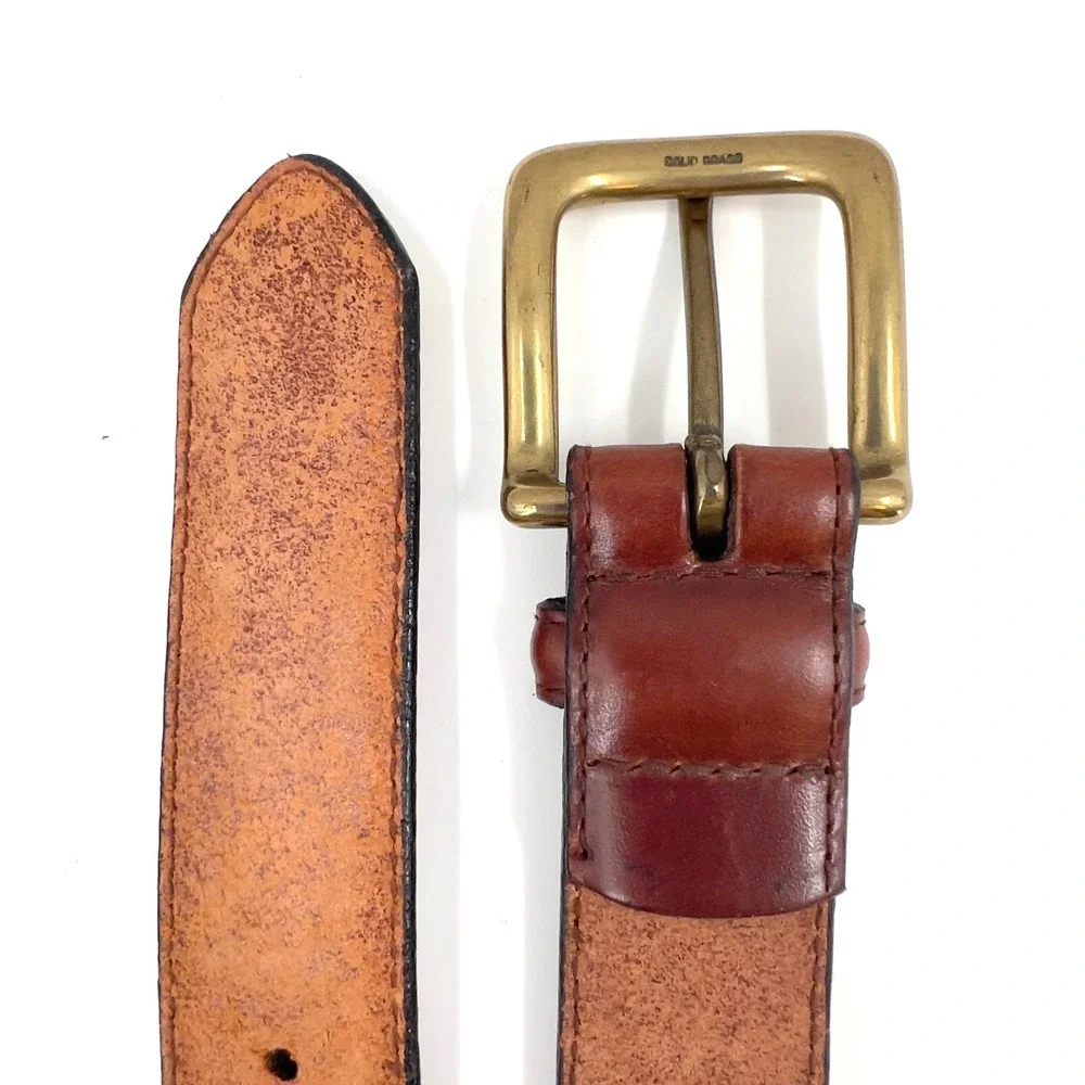Mens Vintage Leather Belt Brown Oil Tan Cowhide Woven Inlay Solid Brass 40